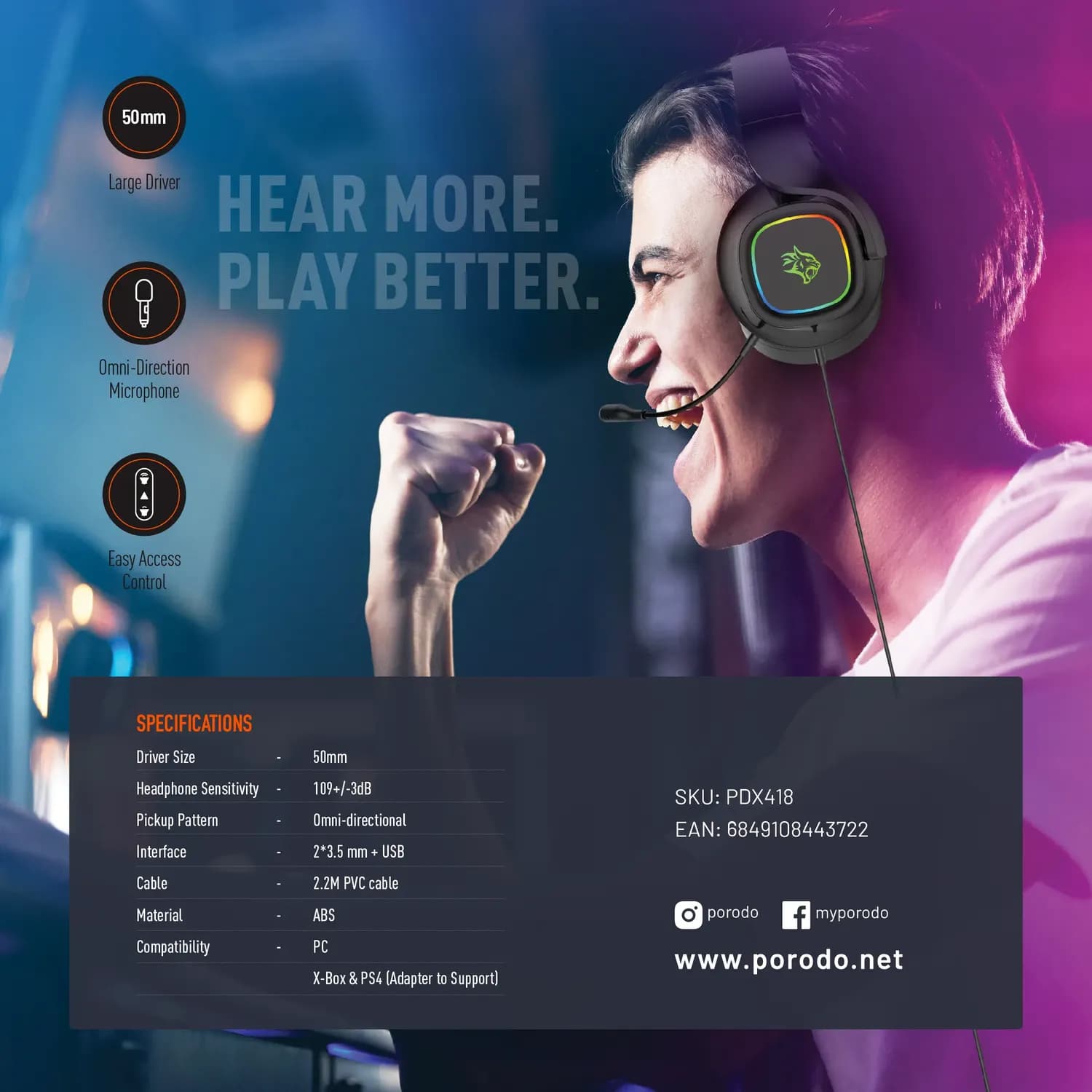 Porodo Gaming Headphone - Omni-Directional, Black 3