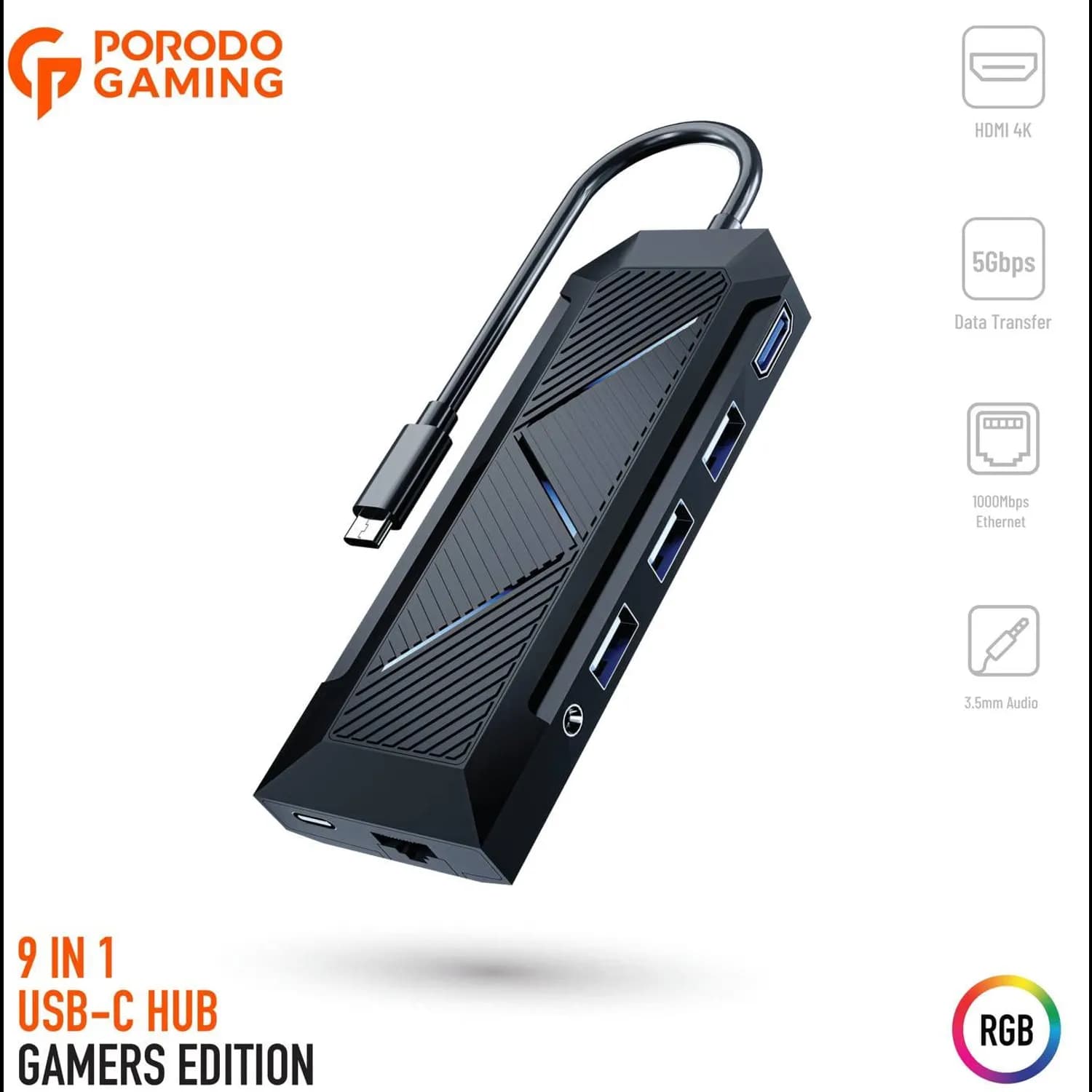 Porodo USB-C Hub - 9-in-1, 100W PD, RGB, Black 2