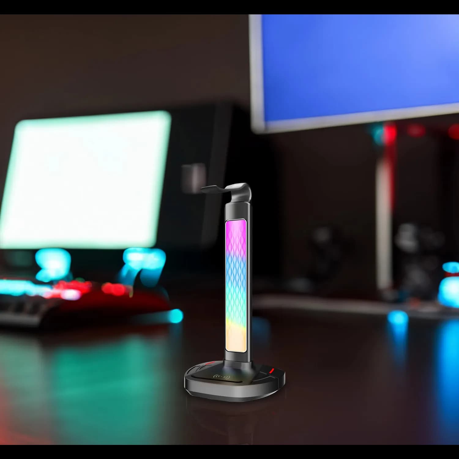 Porodo Gaming Headphone Stand - RGB Lights, Wireless Charger, Black 5