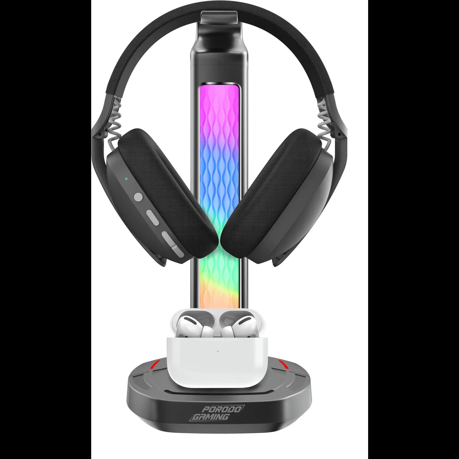 Porodo Gaming Headphone Stand - RGB Lights, Wireless Charger, Black 1