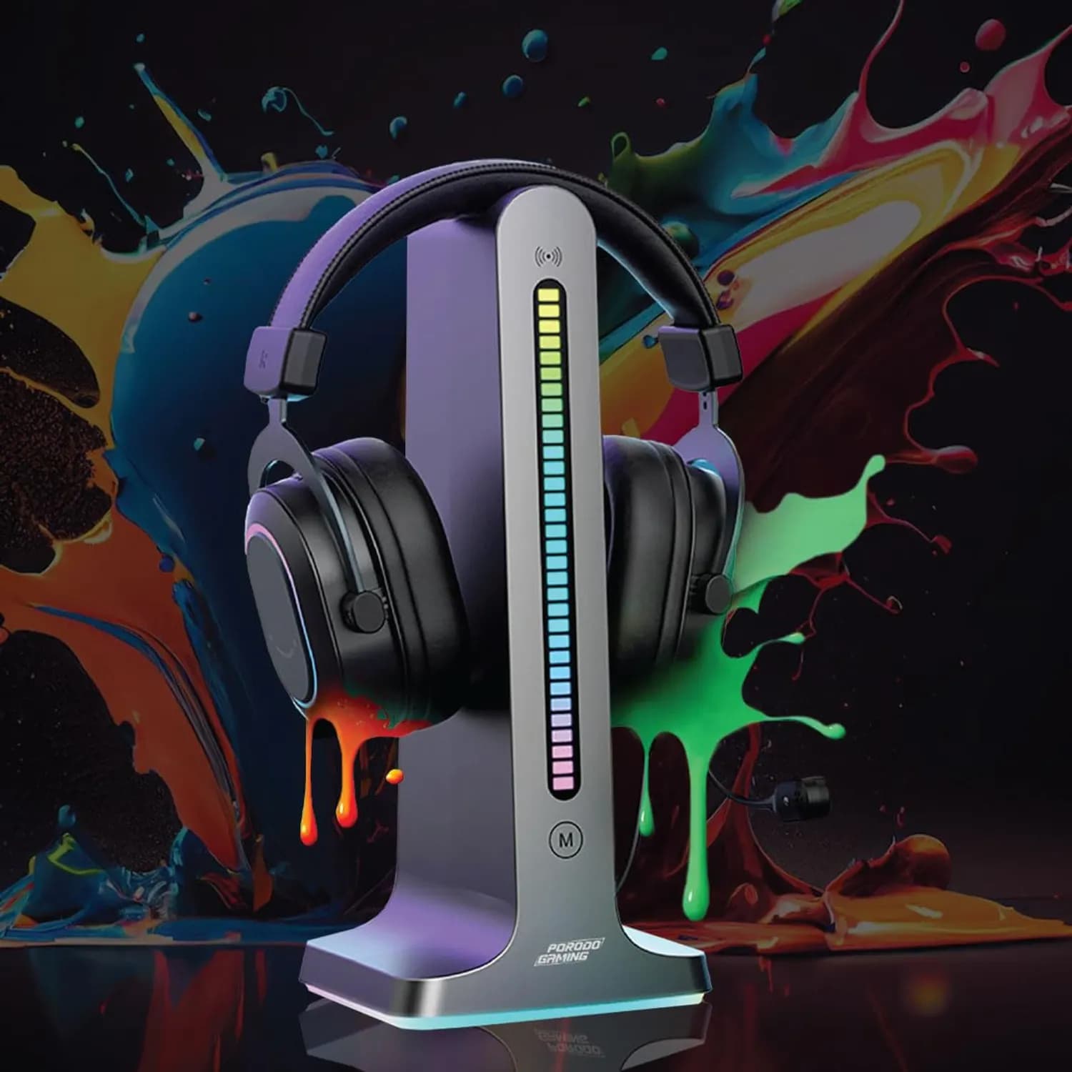 Porodo Headphone Stand - RGB Sound Activated, Dual USB 2.0, Black 3