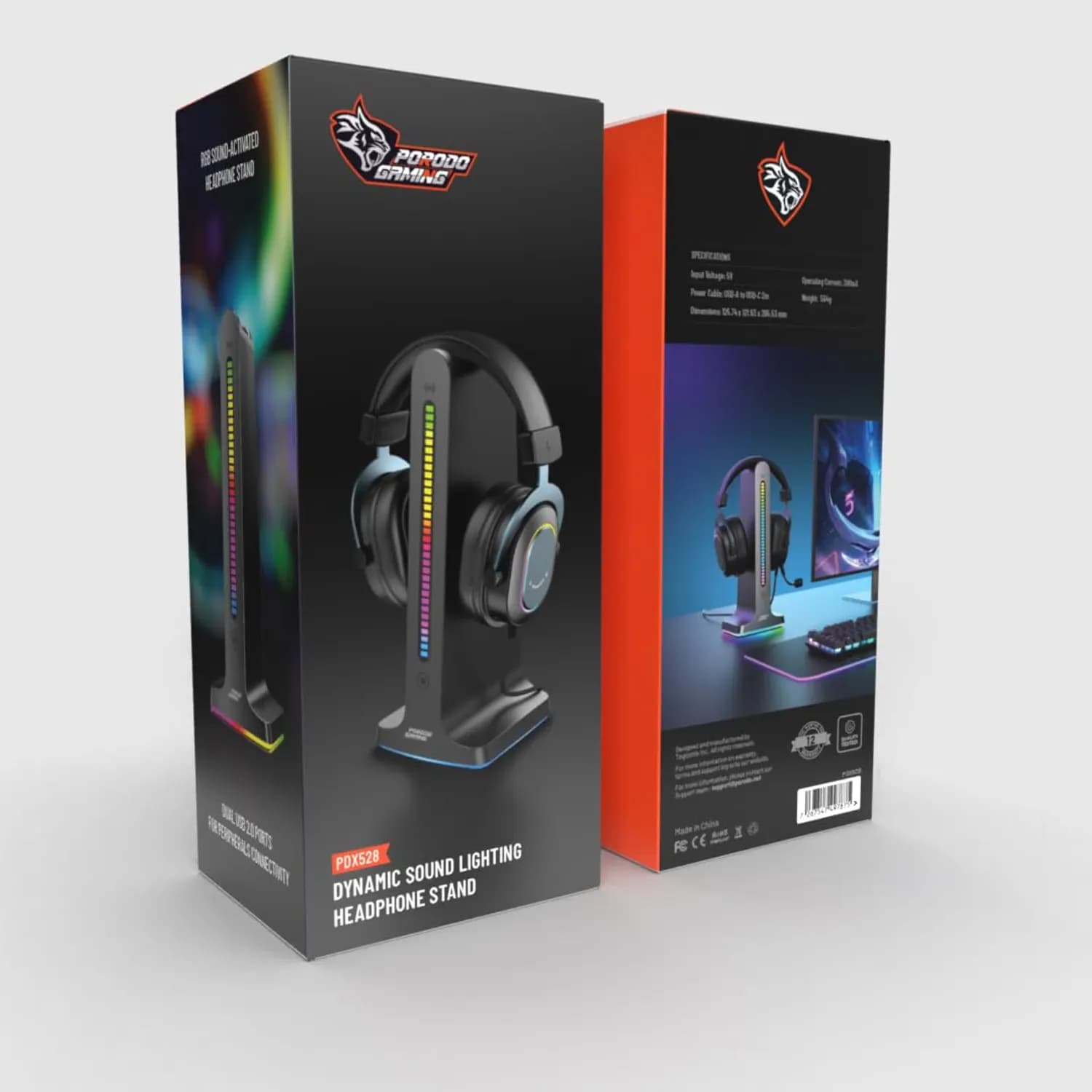 Porodo Headphone Stand - RGB Sound Activated, Dual USB 2.0, Black 5