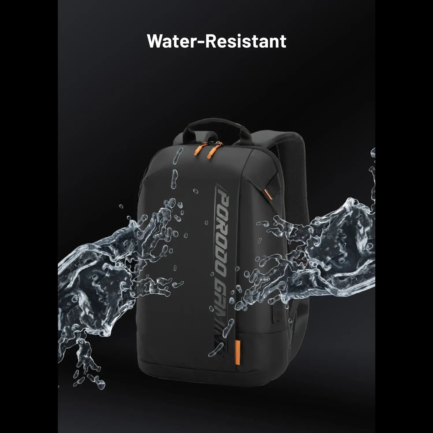 Porodo Laptop Backpack - Water-Resistant PU, USB-C Port, Black/Orange 2