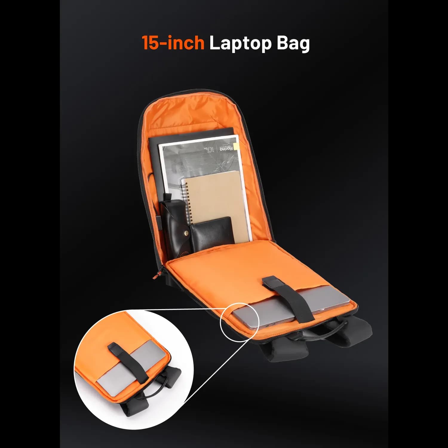 Porodo Laptop Backpack - Water-Resistant PU, USB-C Port, Black/Orange 3