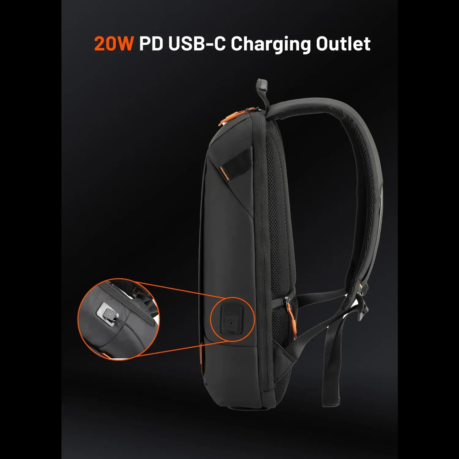 Porodo Laptop Backpack - Water-Resistant PU, USB-C Port, Black/Orange 4