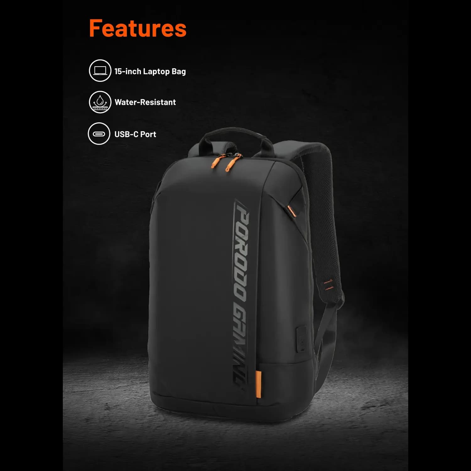 Porodo Laptop Backpack - Water-Resistant PU, USB-C Port, Black/Orange 5