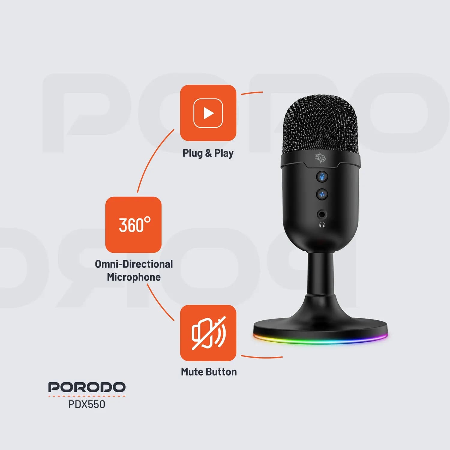 Porodo USB Gaming Microphone - Omni-Directional, Black 2