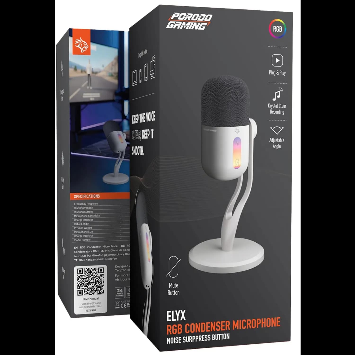 Porodo Gaming Condenser Microphone - USB-C, RGB Light, White — Titanium White 4
