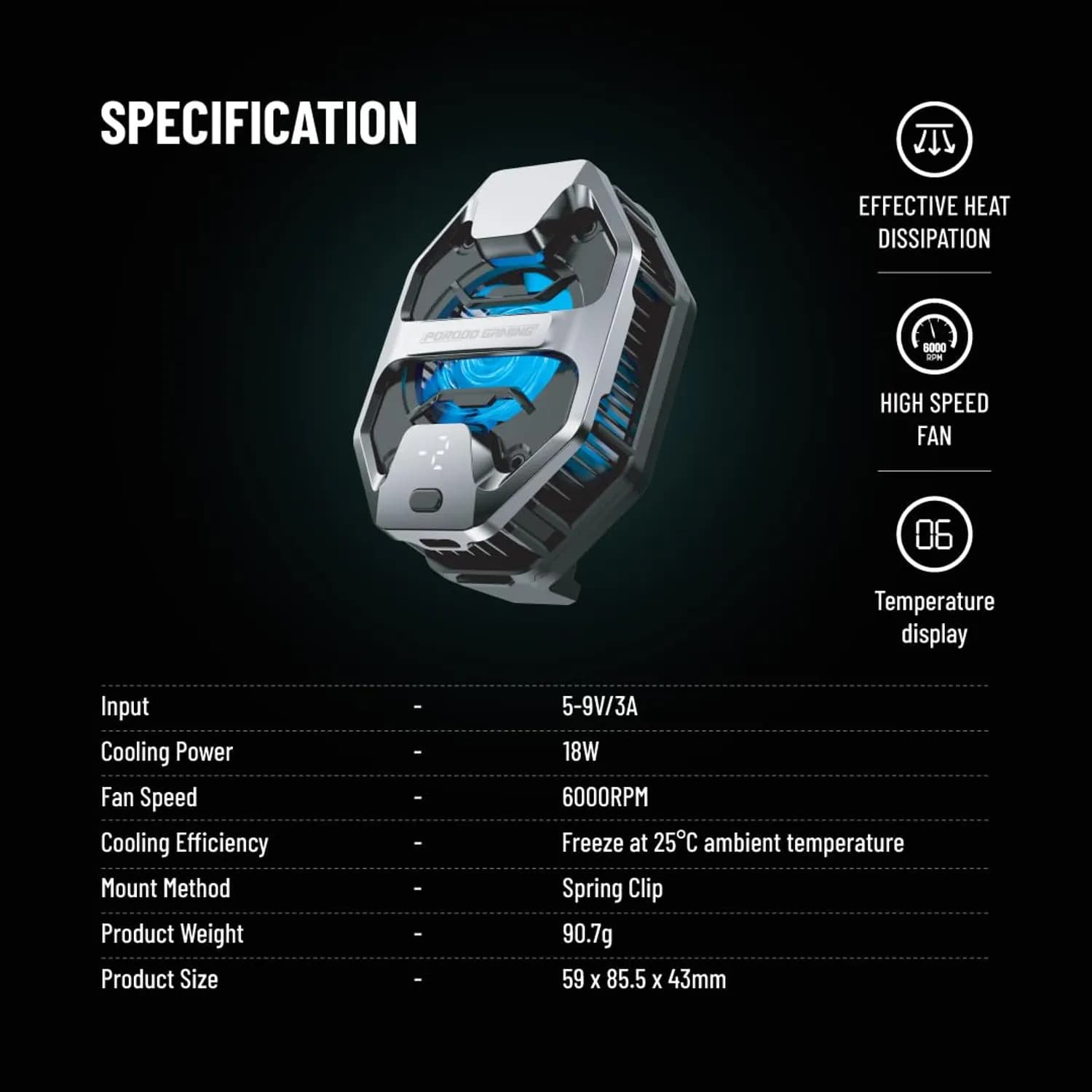 Porodo Mobile Cooler - 6000 RPM Fan, Display 6