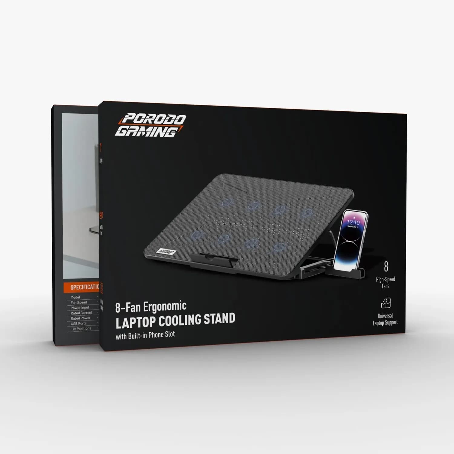 Porodo Gaming Laptop Cooling Pad - 8 Fans, Phone Slot, Black 4