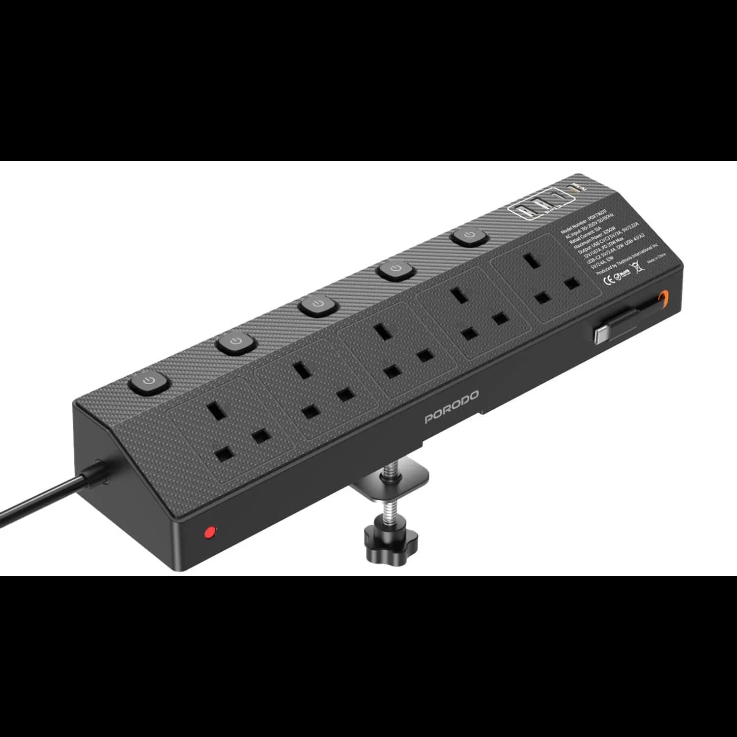 Porodo Power Strip - 3250W, 5 AC & 4 USB Ports, Desk Clamp 4