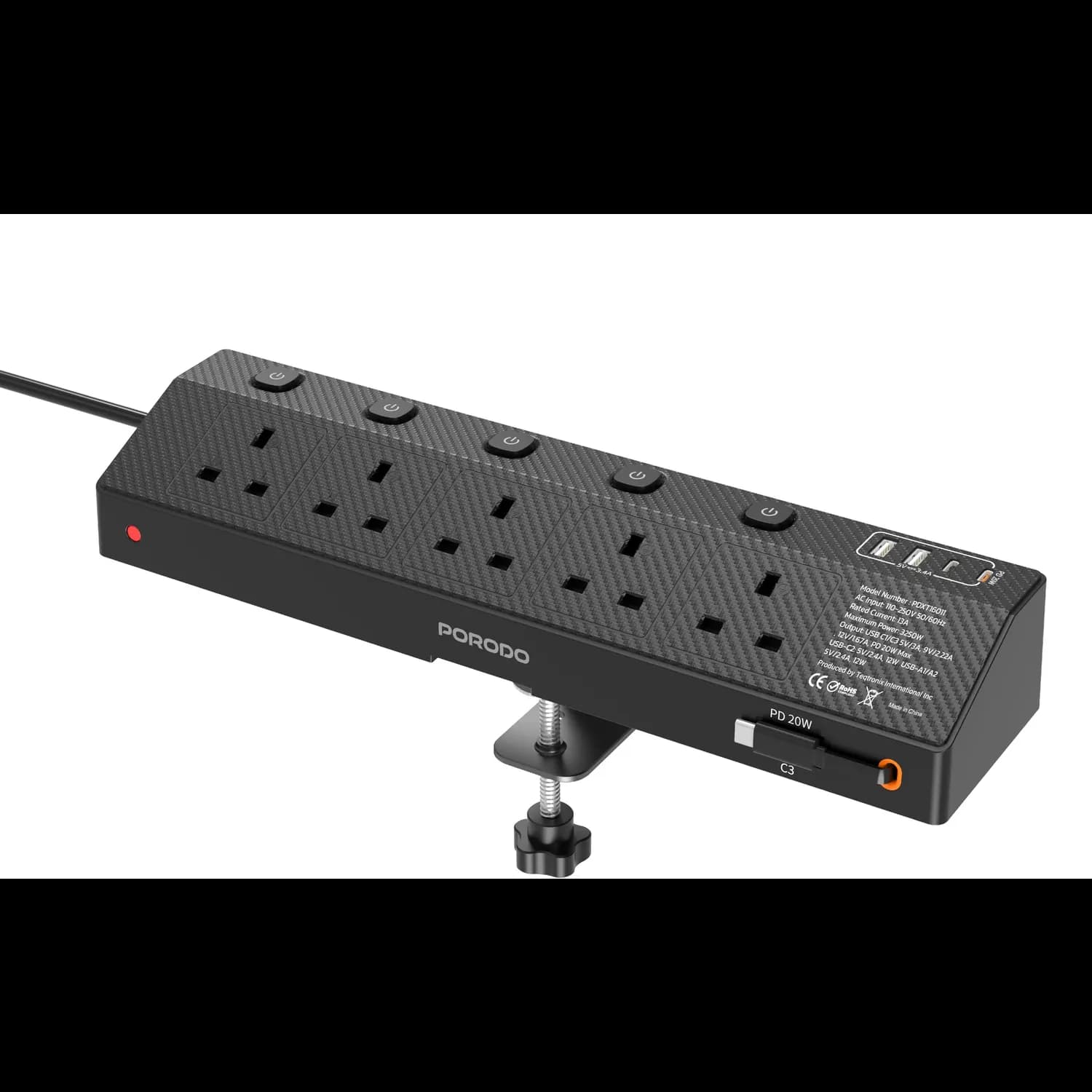 Porodo Power Strip - 3250W, 5 AC & 4 USB Ports, Desk Clamp 5