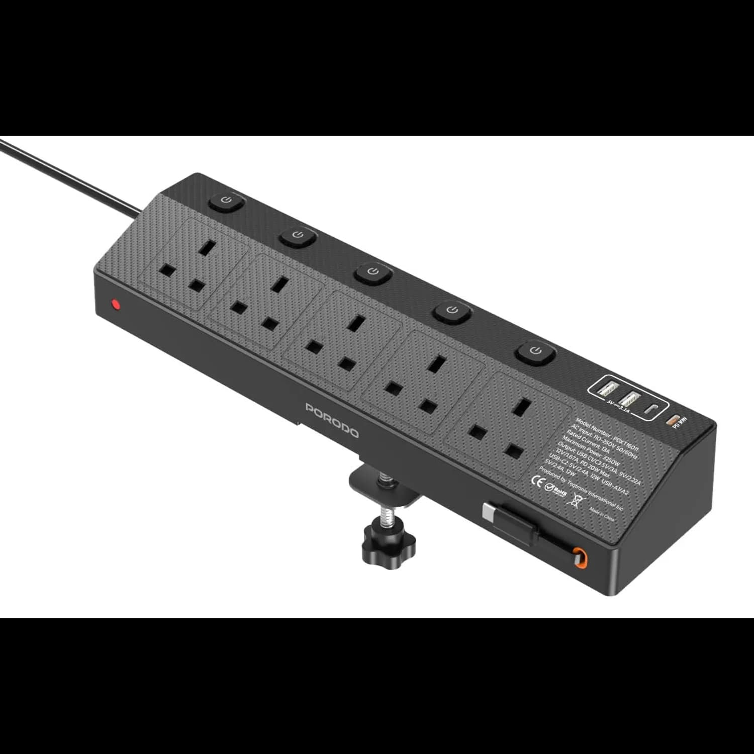 Porodo Power Strip - 3250W, 5 AC & 4 USB Ports, Desk Clamp 1 Porodo Power Strip - 3250W, 5 AC & 4 USB Ports, Desk Clamp 1