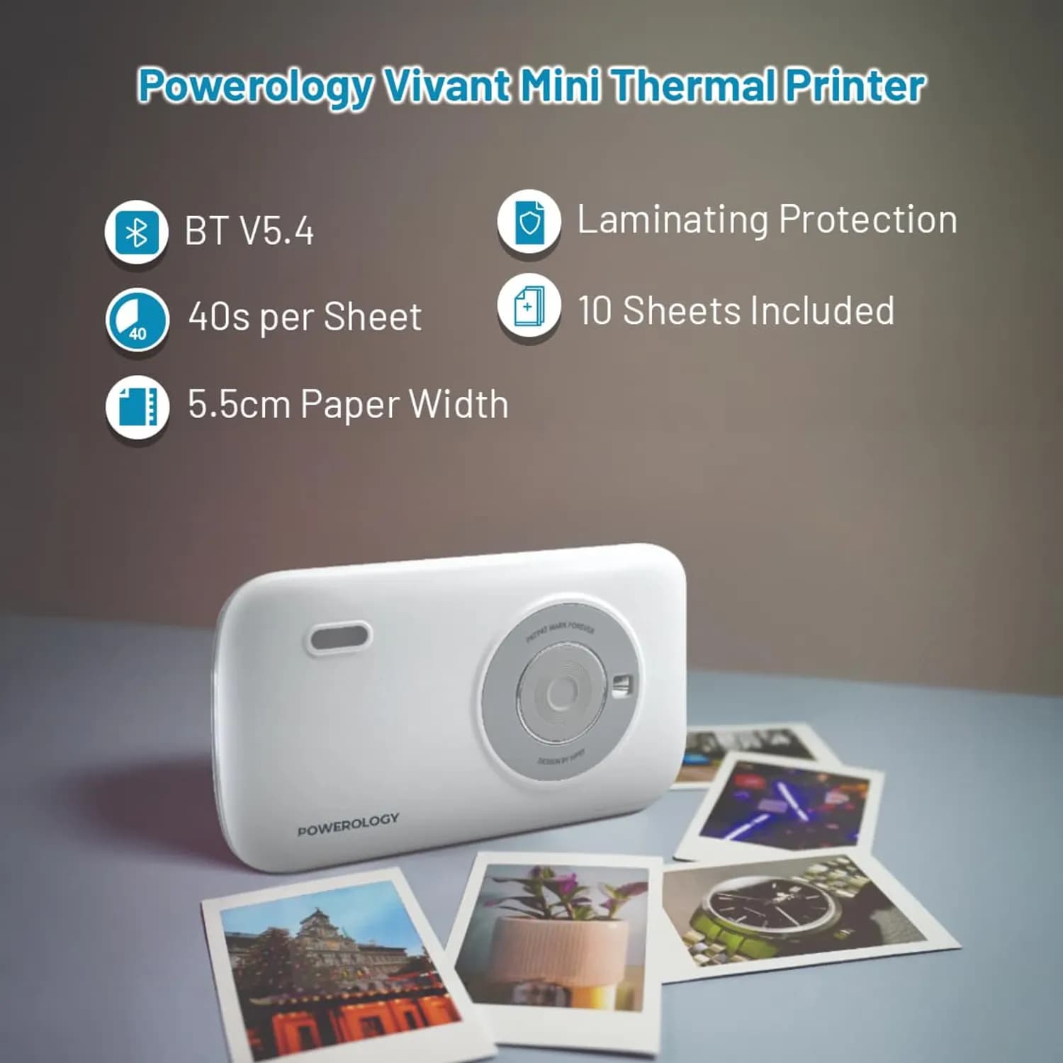 Powerology Thermal Mini Printer Vivant - Bluetooth, White 2