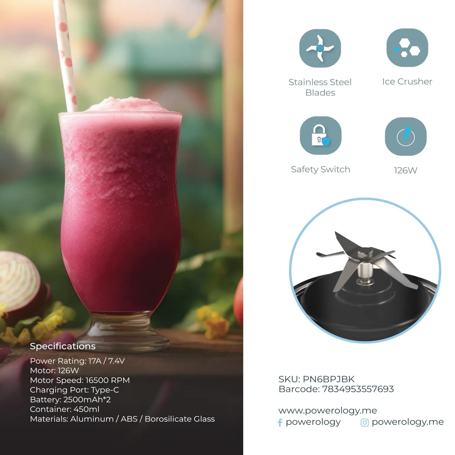 Powerology Portable Blender Juicer - 450mL, 126W, Black 3