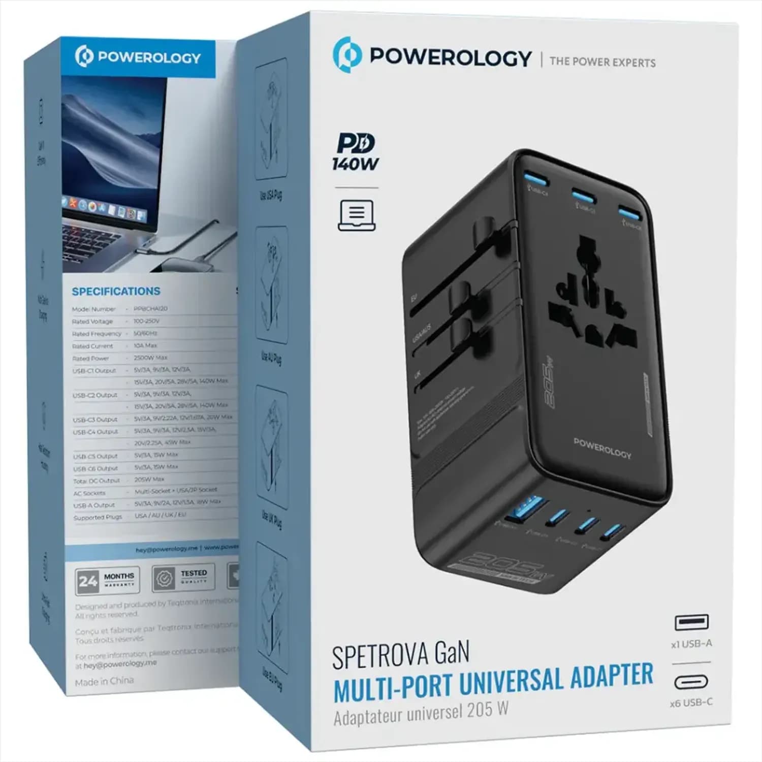 Powerology Universal Adapter Spetrova - GaN Multi-Port, Black 4