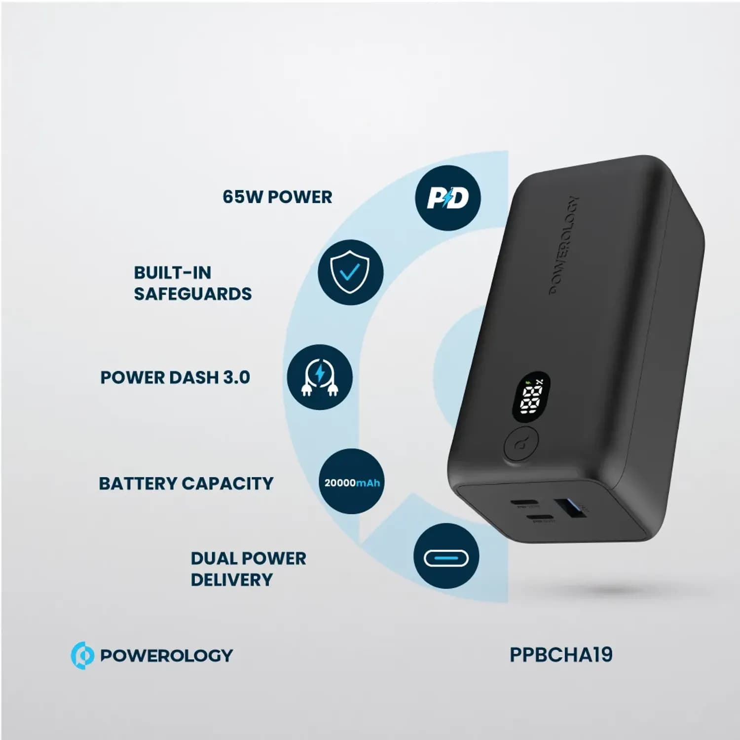 Powerology Power Bank Onyx - 20000mAh, Dual USB-C, Black 2