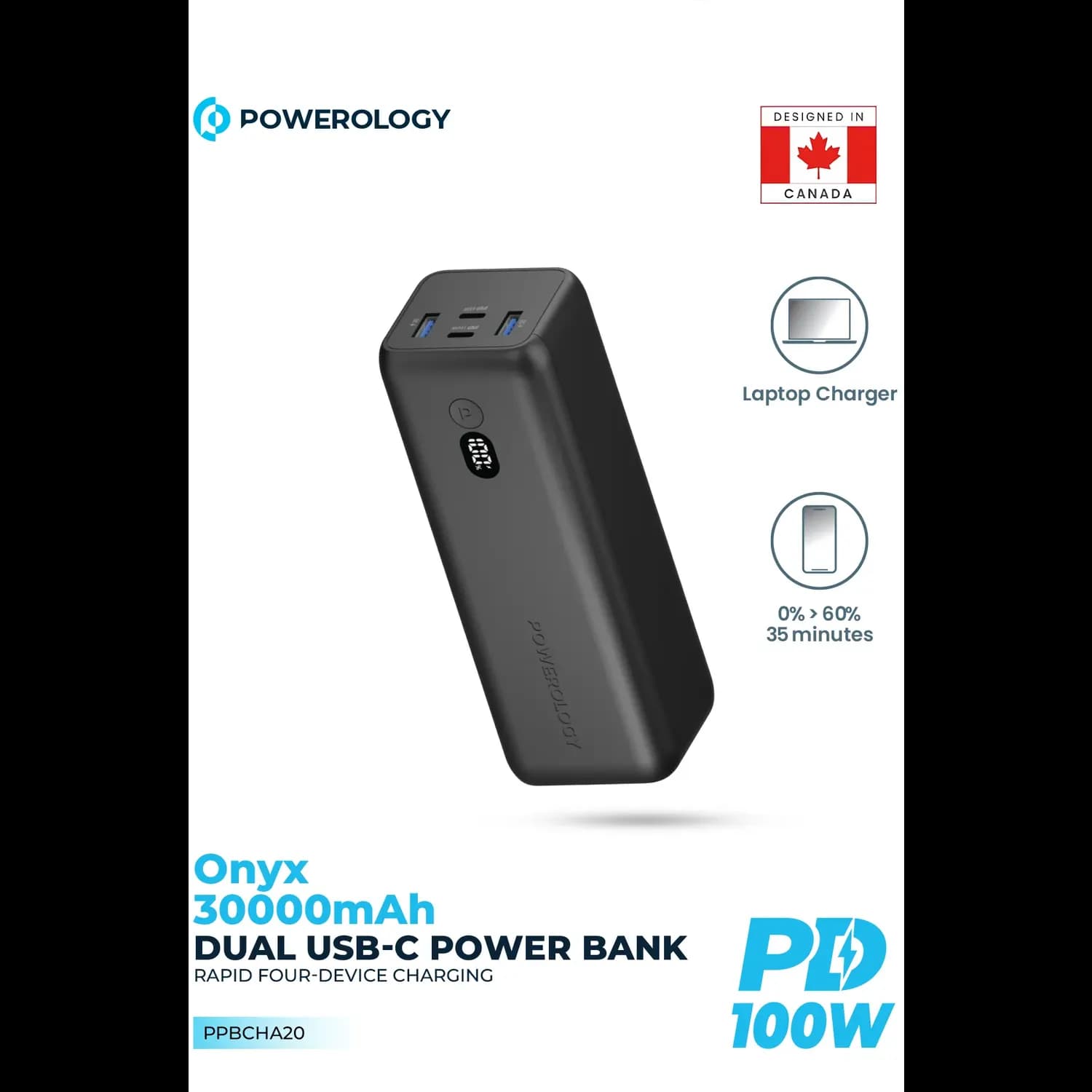 Powerology Power Bank Onyx - 30000mAh Dual USB-C, Black 2