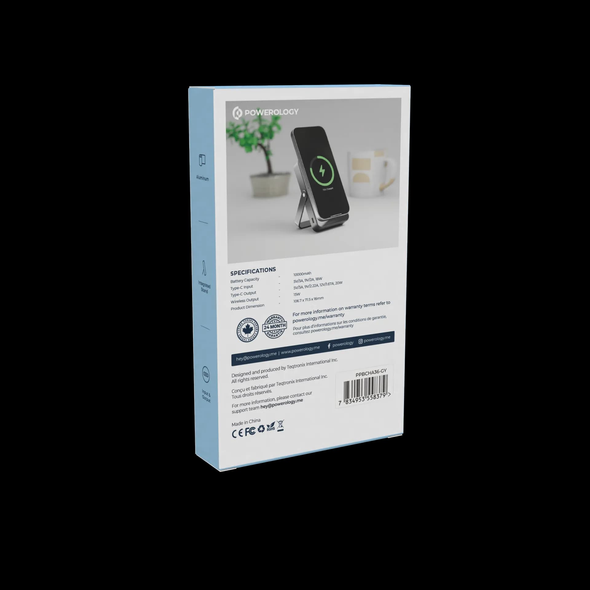 Powerology Power Bank PPBCHA36 - 10000mAh 15W Wireless PD 20W, Grey 2