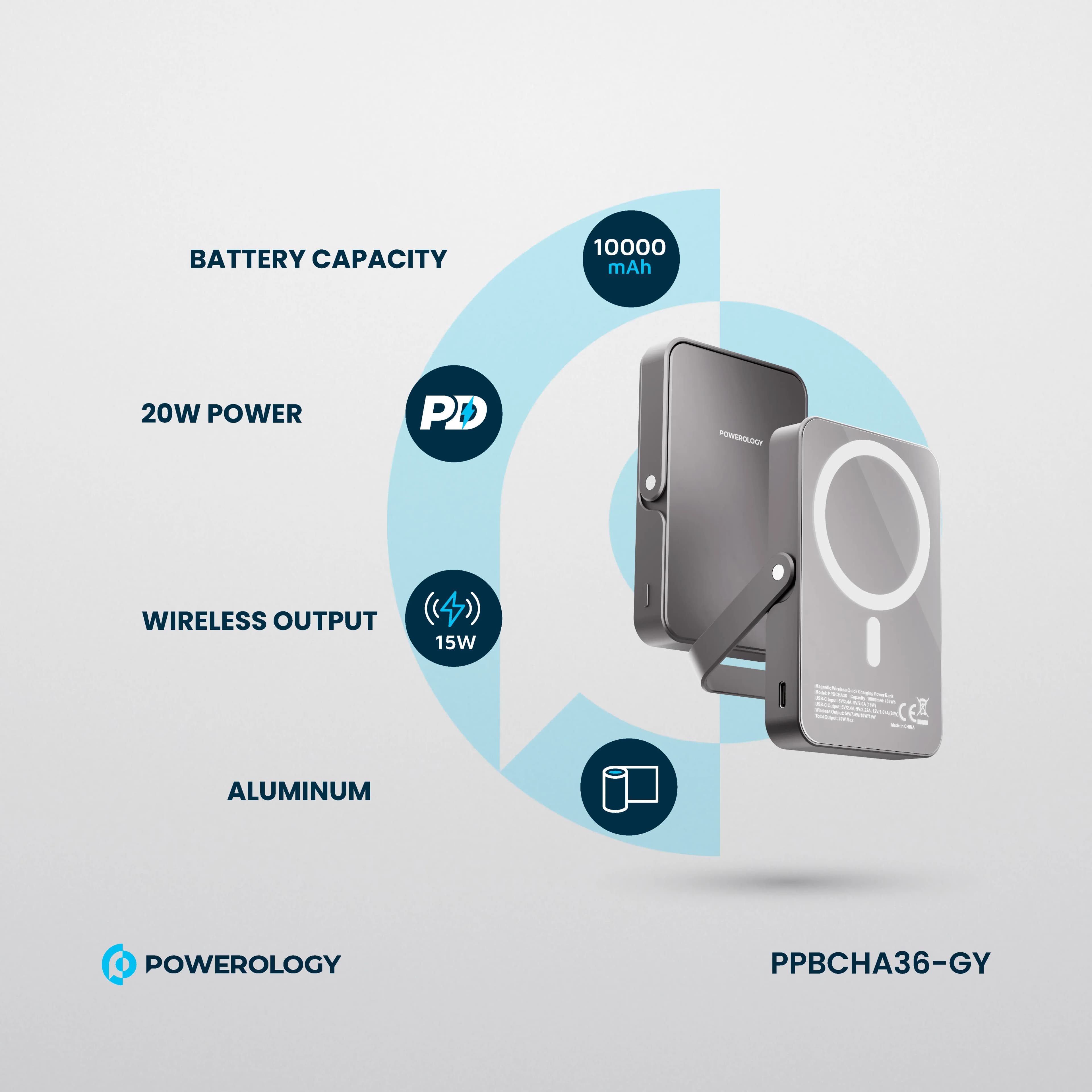 Powerology Power Bank PPBCHA36 - 10000mAh 15W Wireless PD 20W, Grey 4