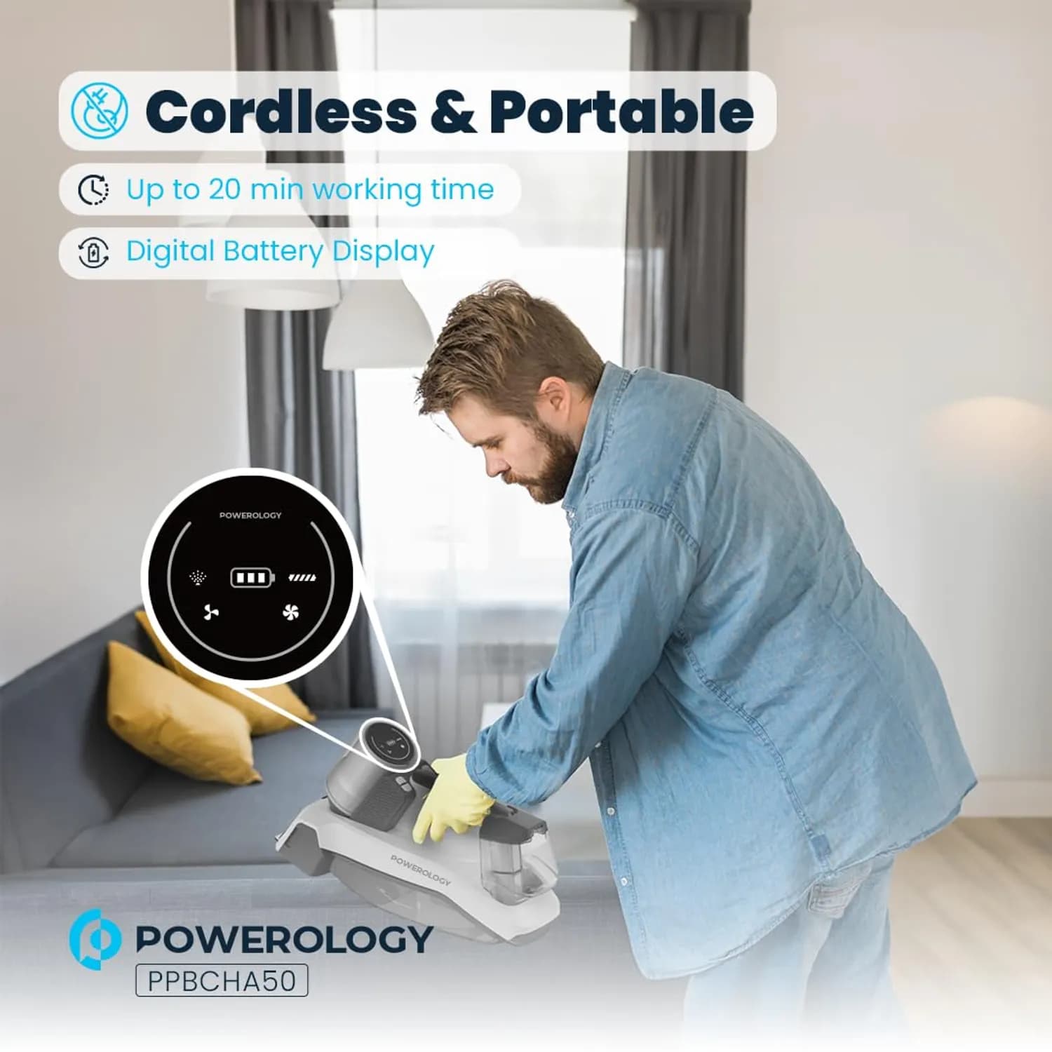 Powerology Spot Cleaner - Cordless 8000Pa Suction, Rechargeable 3