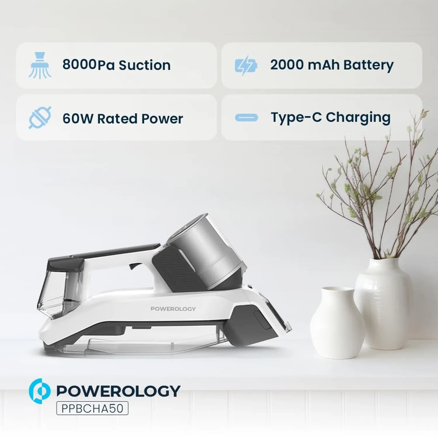 Powerology Spot Cleaner - Cordless 8000Pa Suction, Rechargeable 4