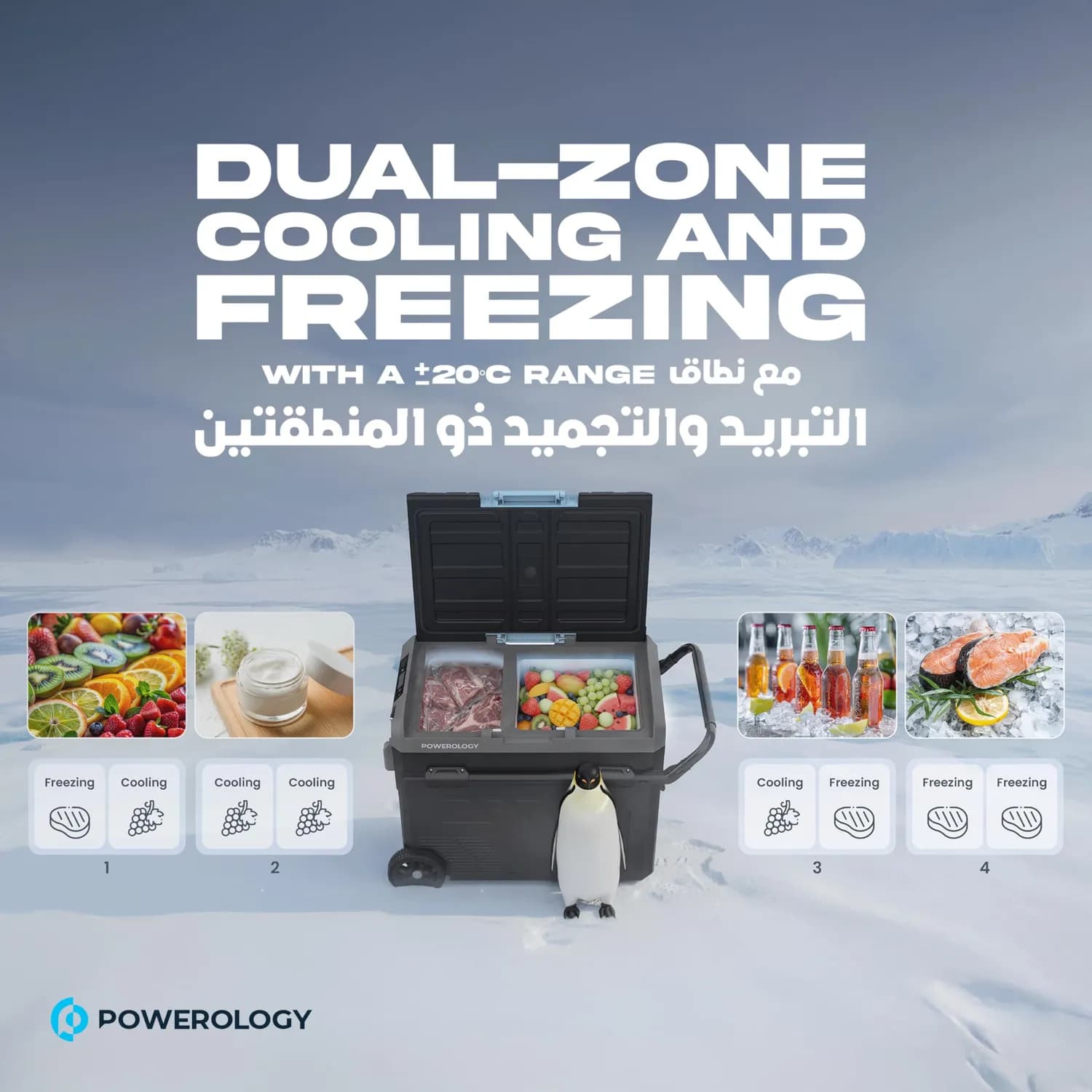 Powerology Portable Dual Compartment Refrigerator - 60L, Black 4