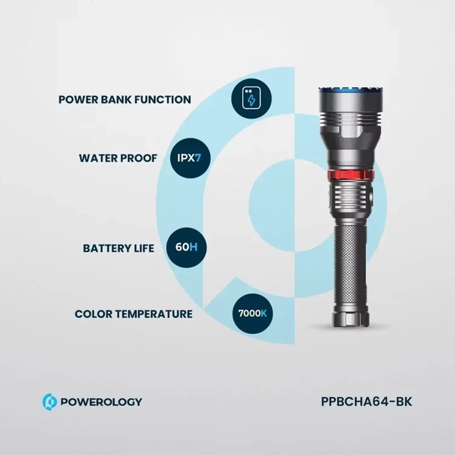 Powerology LED Flashlight - 4000mAh Powerbank, Black 4