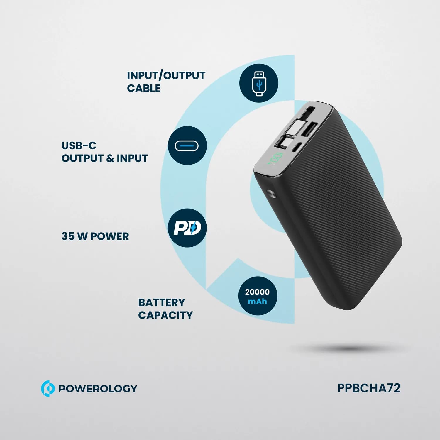 Powerology Power Bank - 20000mAh Retractable Cable, Black 2