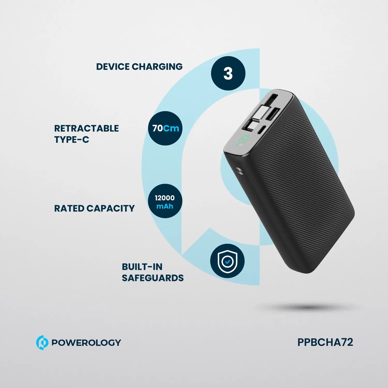 Powerology Power Bank - 20000mAh Retractable Cable, Black 3