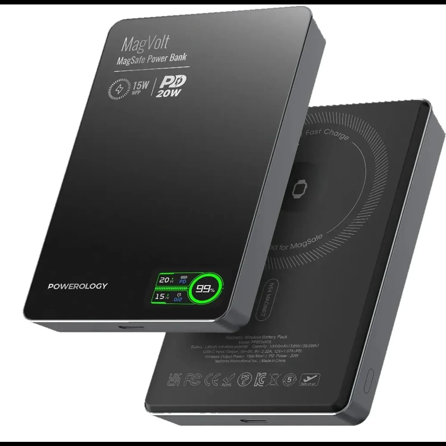 Powerology MagVolt Power Bank , 10000mAh Capacity, 15W Wireless MagSafe Charging - Black — Orange 2