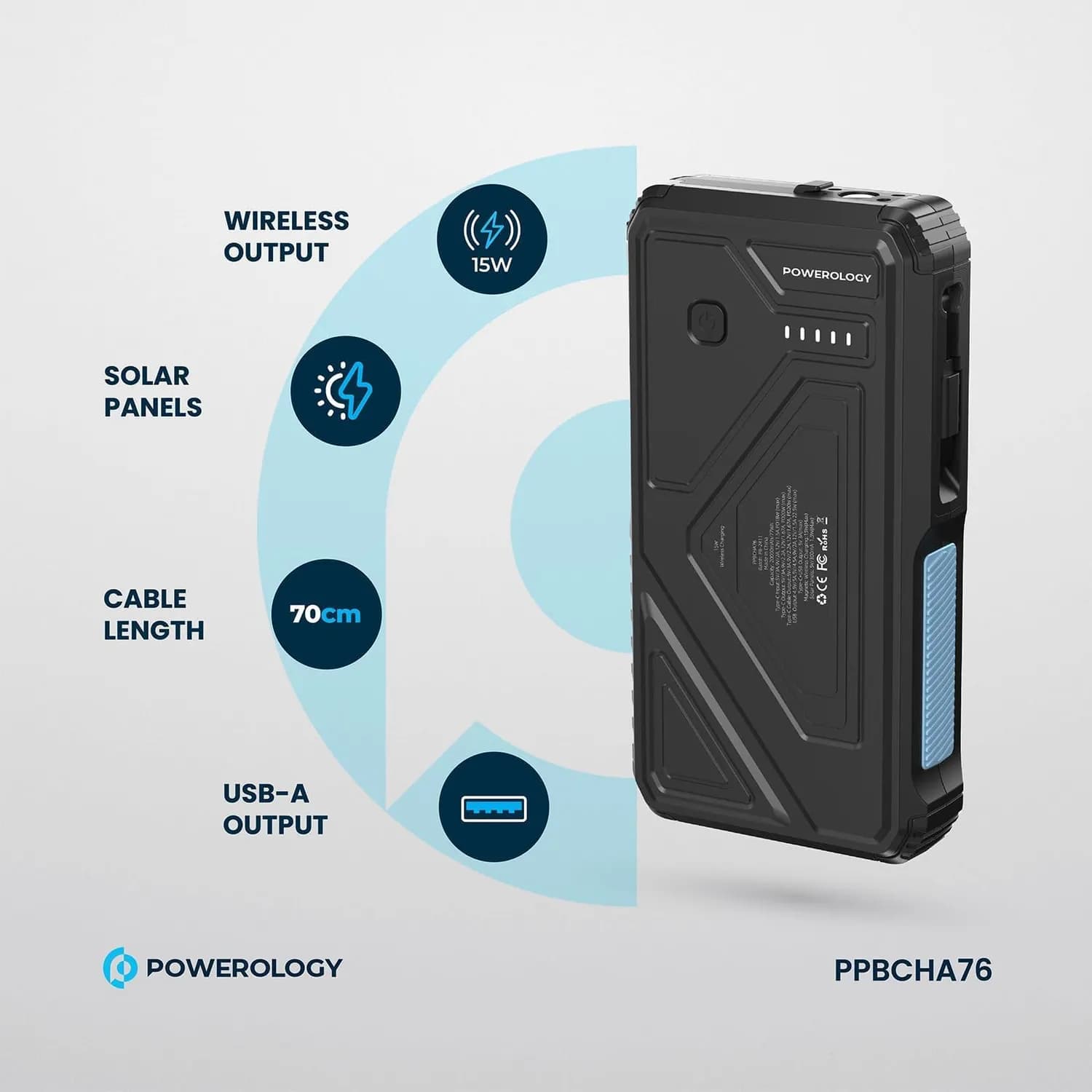Powerology Solar Power Bank 20000mAh , IP54 Water Resistant - Black 2