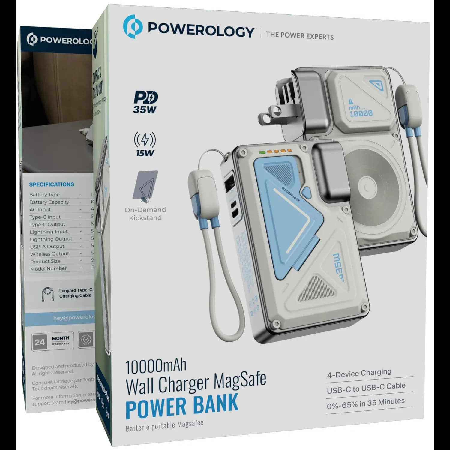 Powerology Multiplug Wall Charger - 10000mAh, MagSafe Wireless, White — Black 3