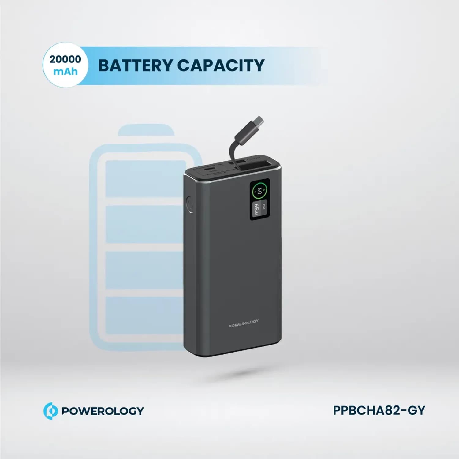 Powerology Power Bank - 20000mAh, Dark Gray 2