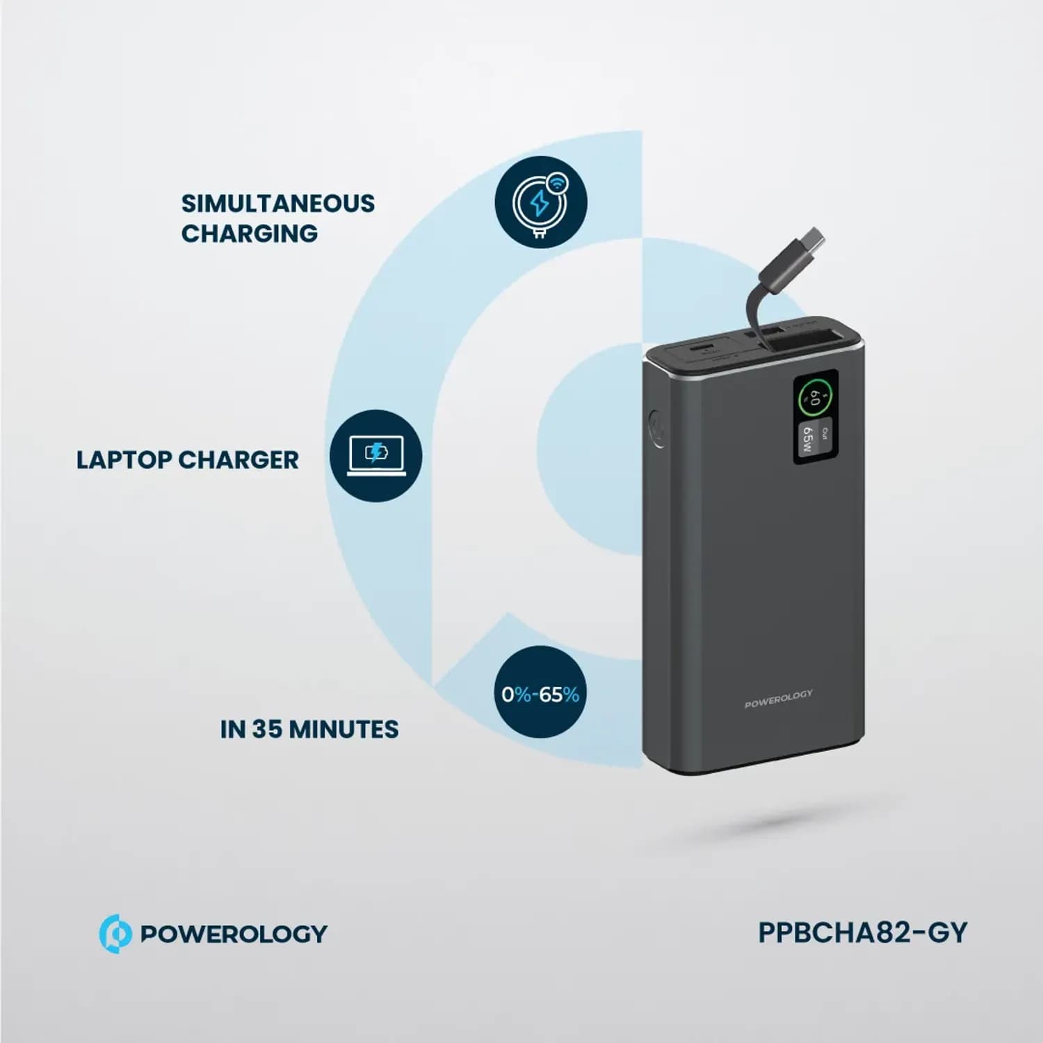 Powerology Power Bank - 20000mAh, Dark Gray 3