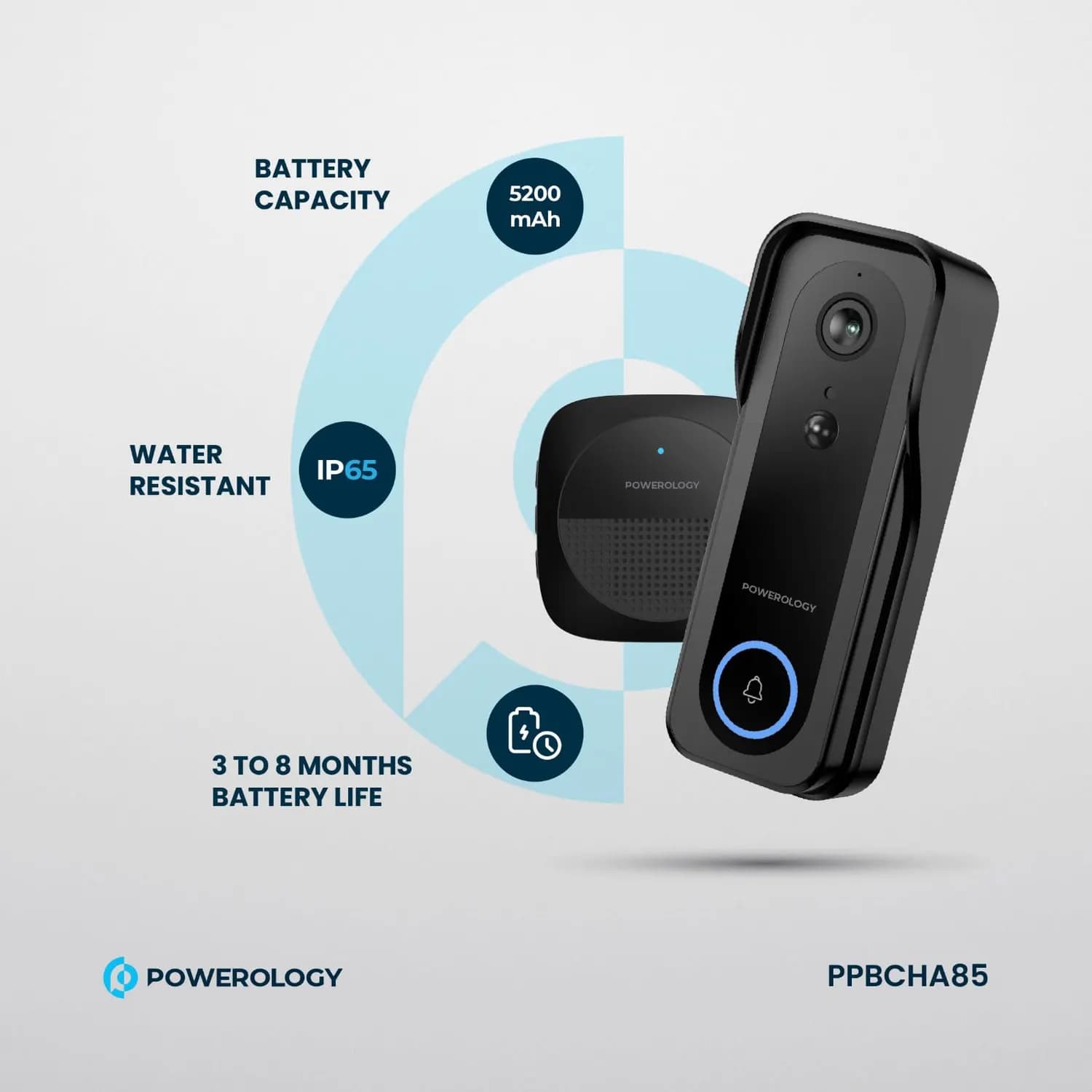 Powerology Smart Camera Doorbell IP65 3MP 265GB - Infrared, 5200mAh, Black 4
