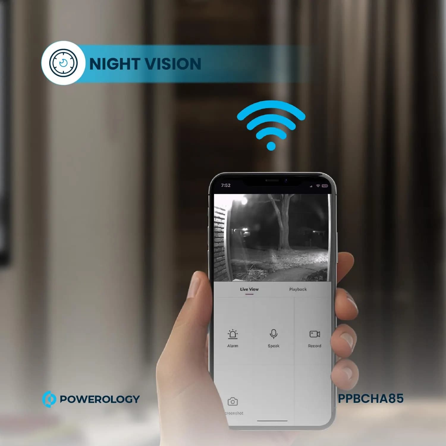 Powerology Smart Camera Doorbell IP65 3MP 265GB - Infrared, 5200mAh, Black 5