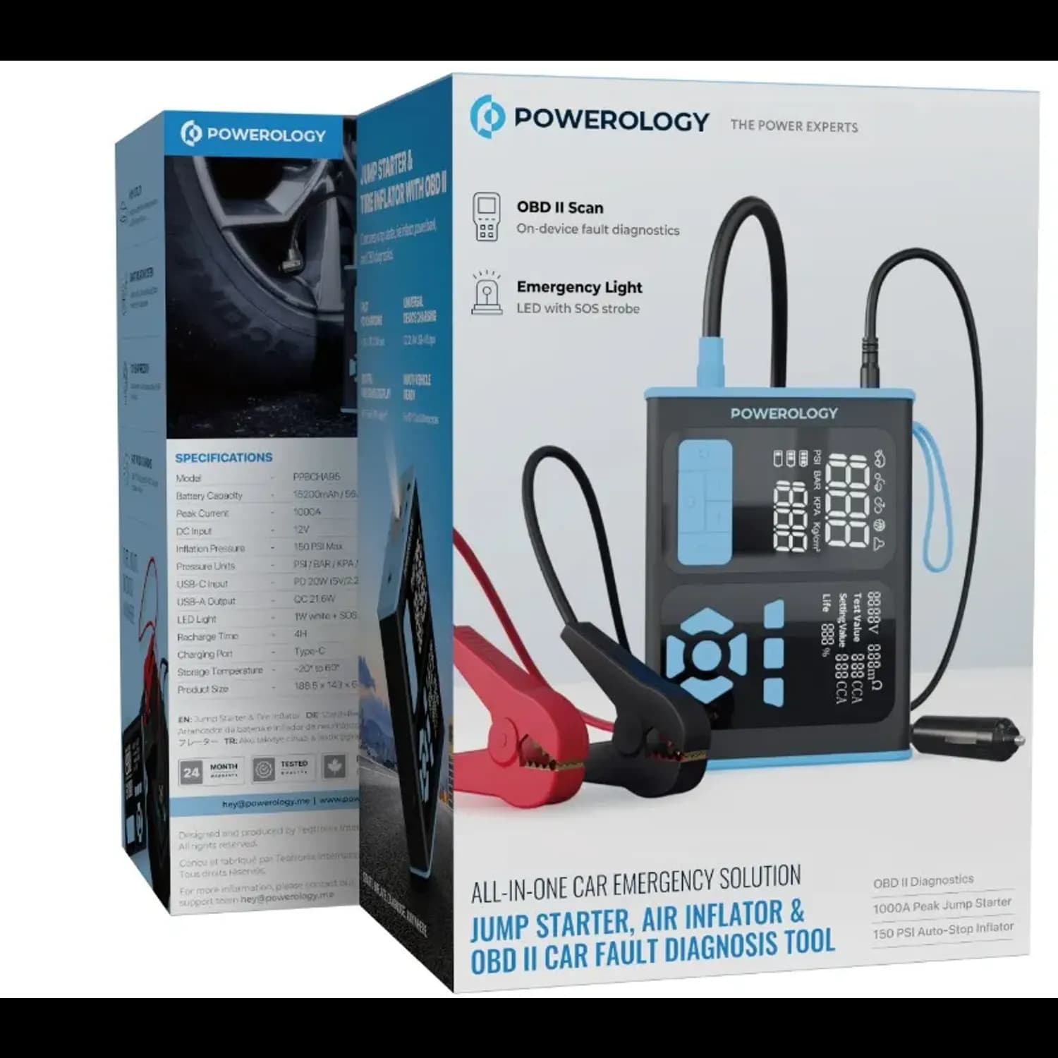 Powerology Jump Starter - Air Inflator & OBD II, Black/Blue 4