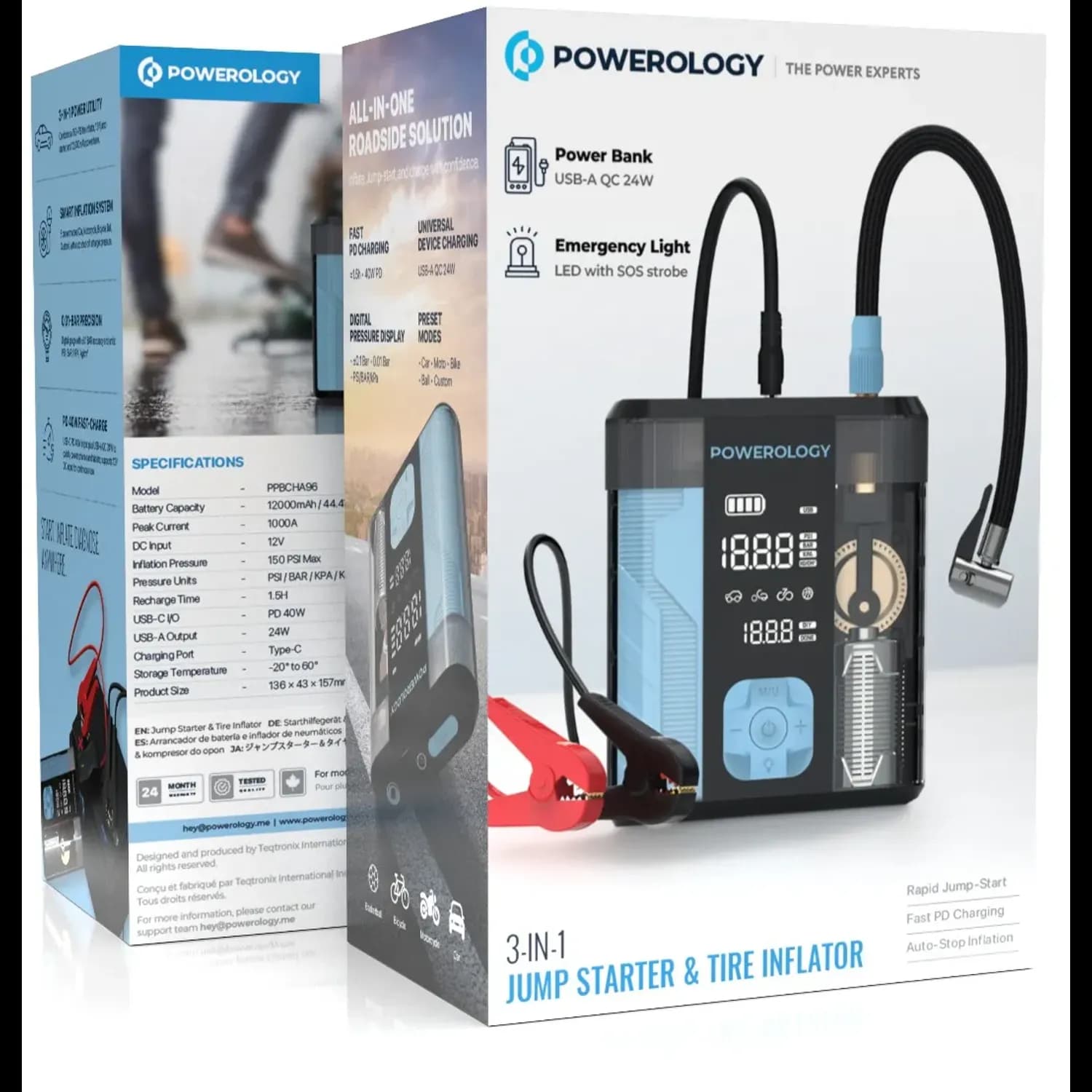 Powerology Jump Starter & Tire Inflator - 3-in-1, Black/Blue 5
