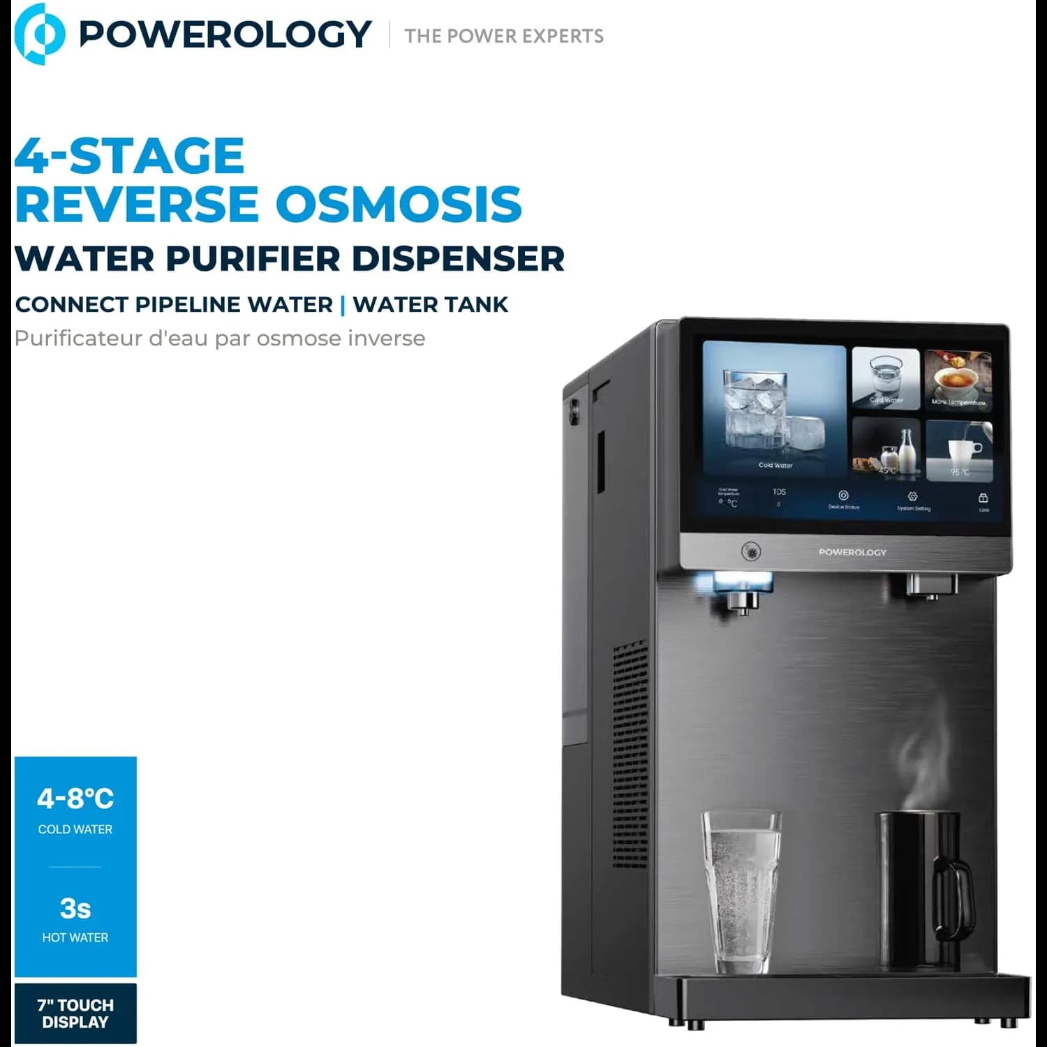 Powerology Water Purifier & Dispenser - 4-in-1, Black 4