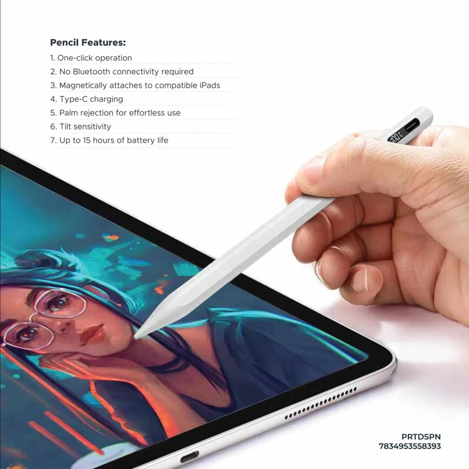 Powerology Stylus Pen - Real-time Display, Type-C Charging, White 2