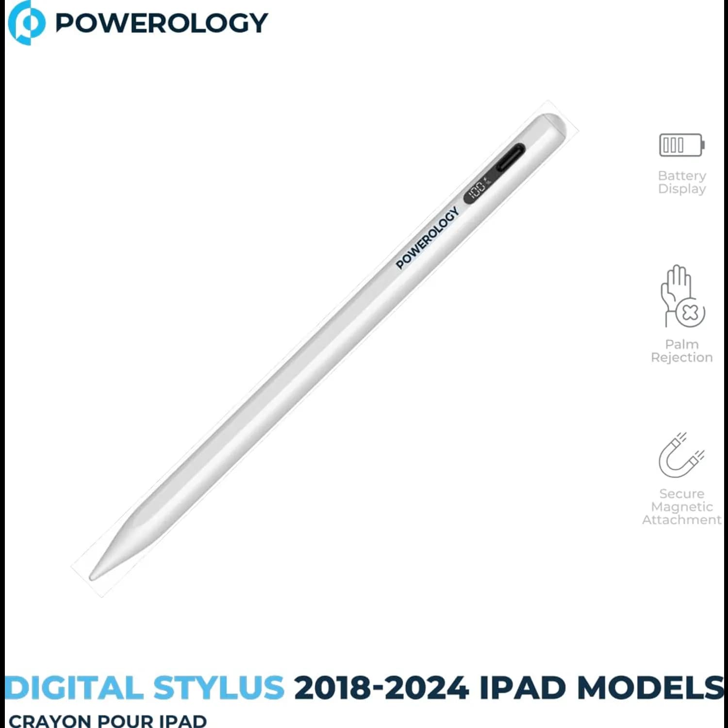 Powerology Stylus Pen - Real-time Display, Type-C Charging, White 3