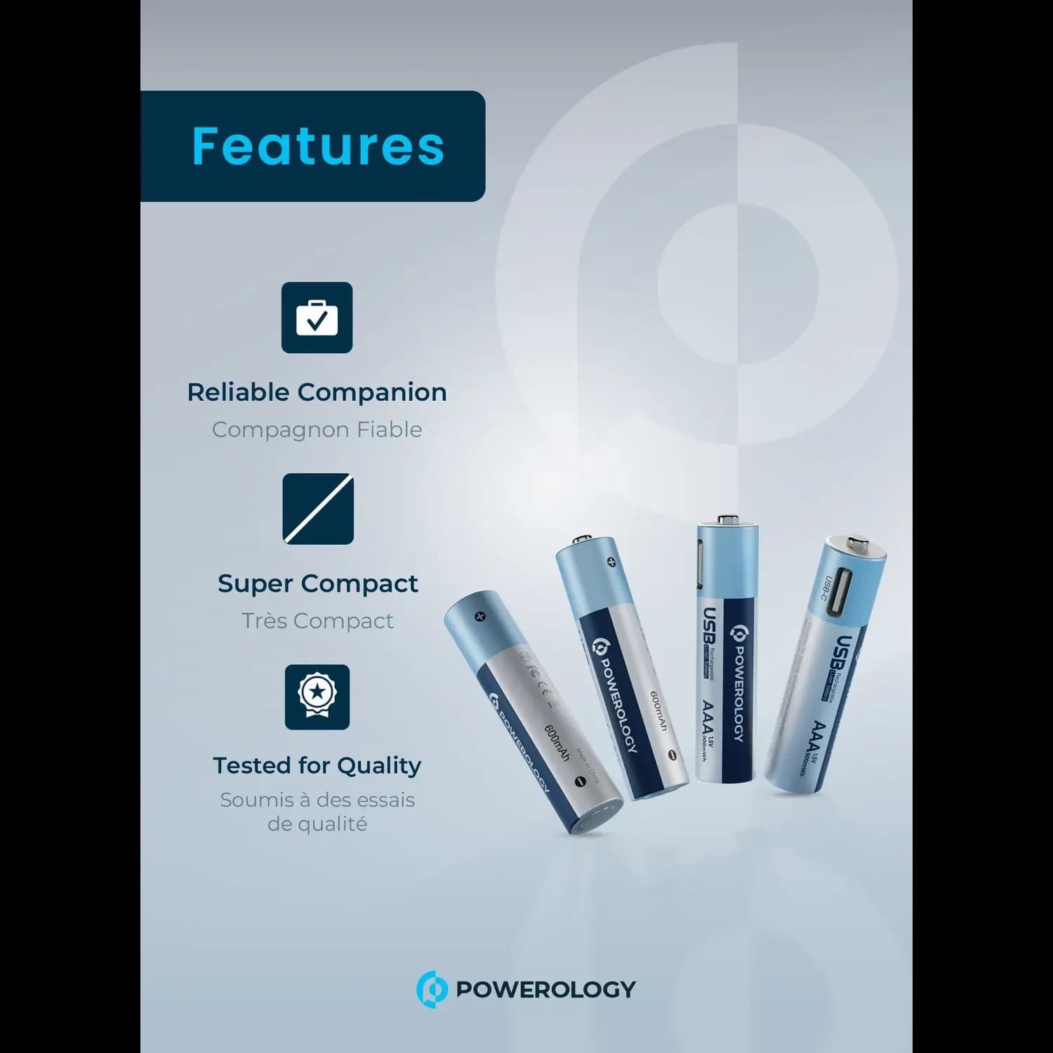 Powerology USB-C Rechargeable Lithium-Ion AAA Battery - 4 Pack, White 2