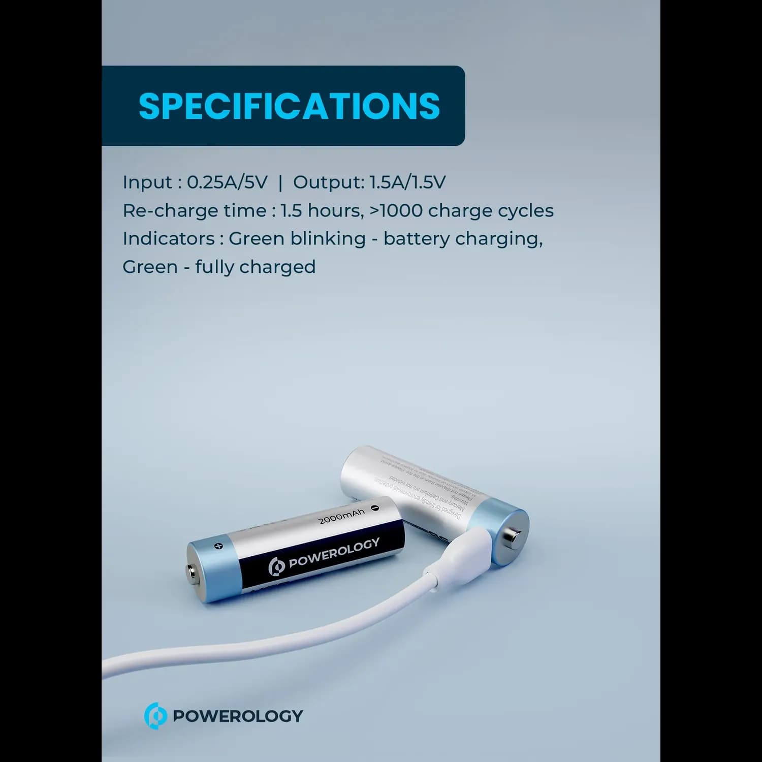 Powerology USB-C Rechargeable Lithium-Ion AAA Battery - 4 Pack, White 4