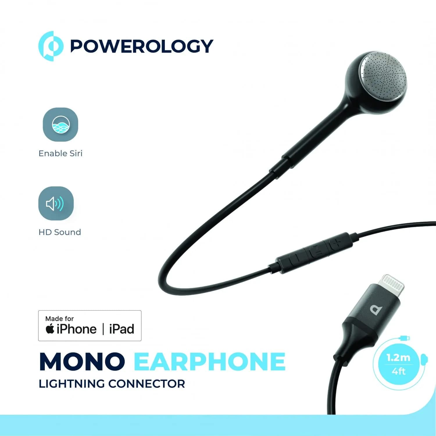 Powerology Mono Earphone - MFi Lightning, White — Black 4