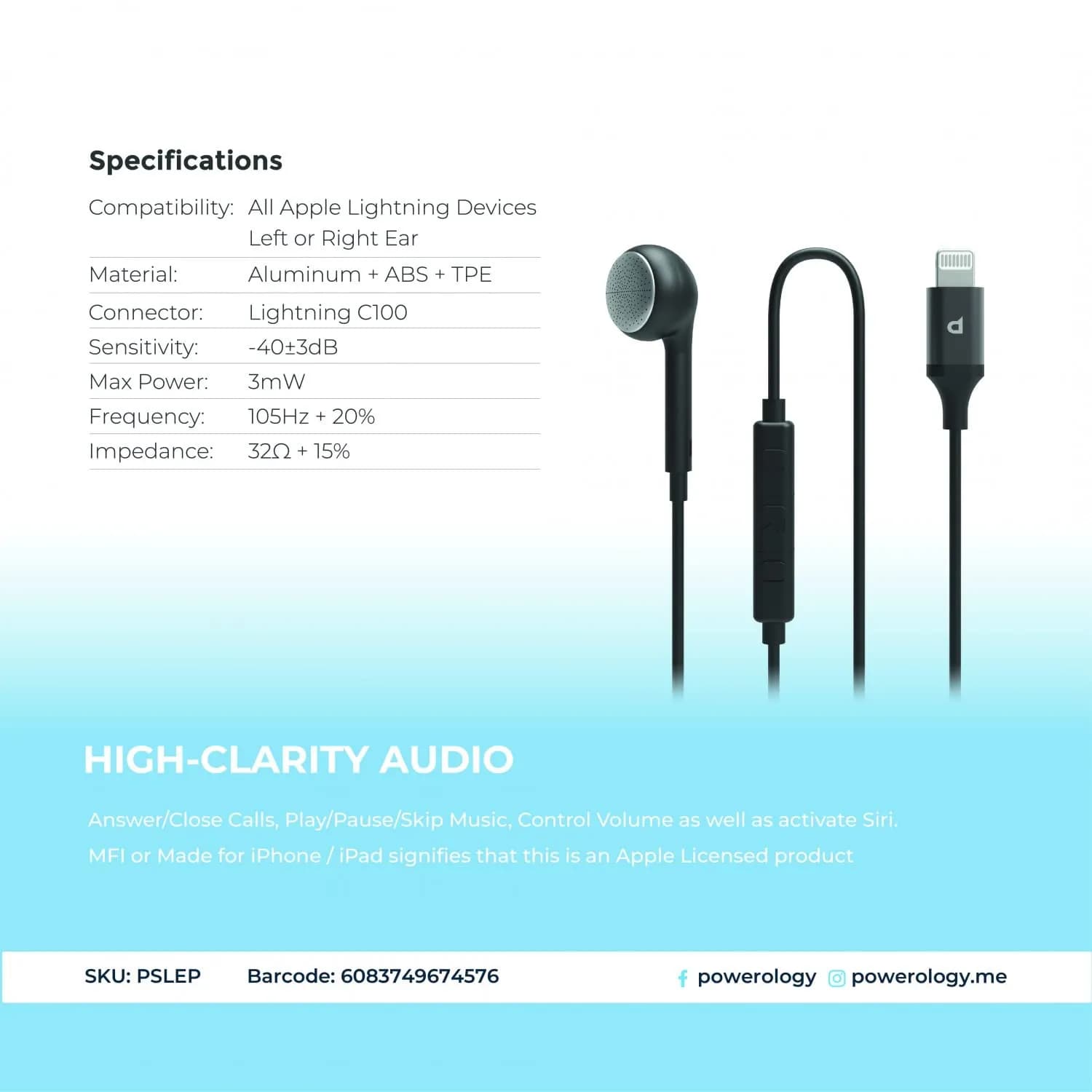 Powerology Mono Earphone - MFi Lightning, White — Black 5