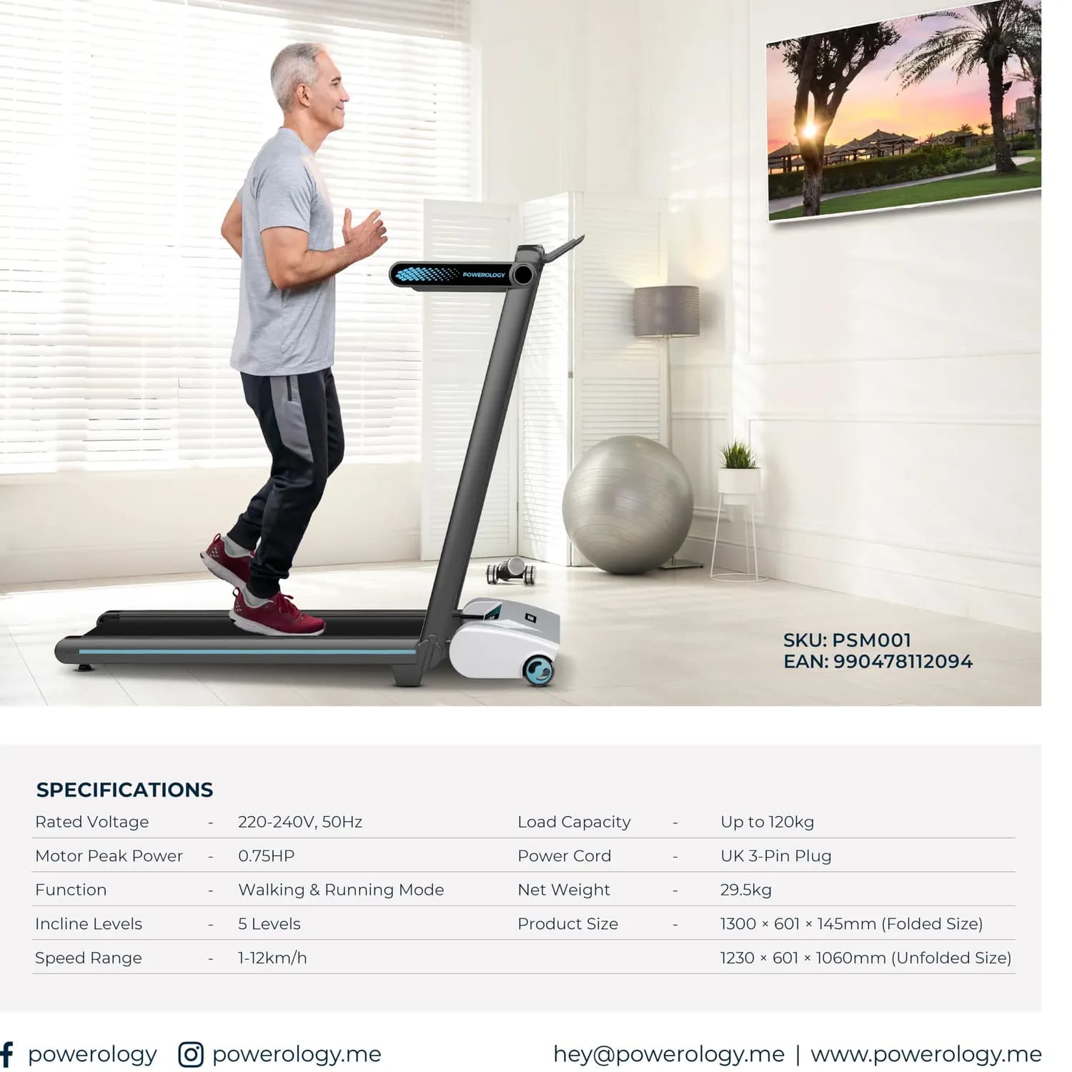 Powerology Treadmill - 5-Level Incline, Black 2