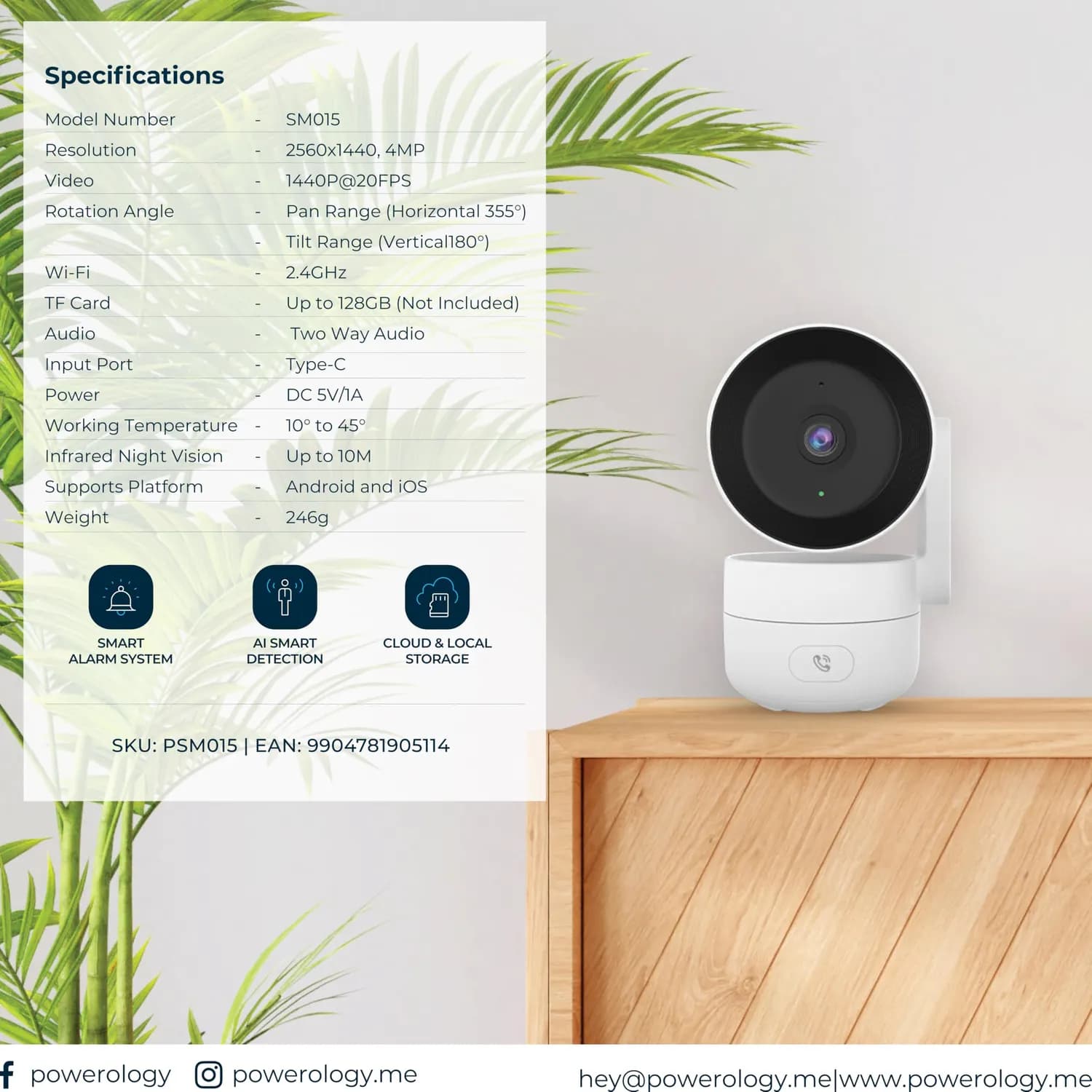 Powerology Indoor PTZ Camera - 4MP, AI Detection, White 5