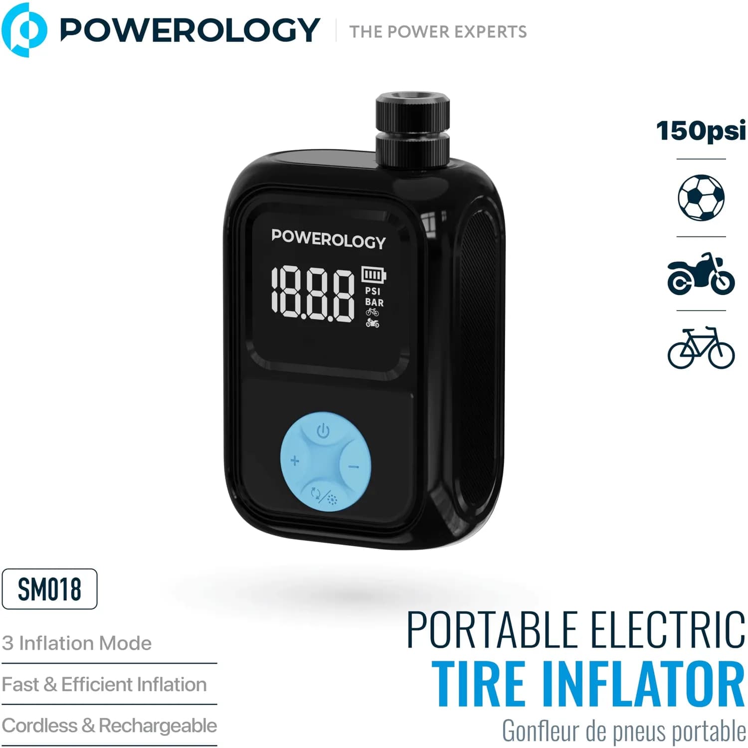 Powerology Electric Tire Inflator - 48W, 150 PSI, Black 2