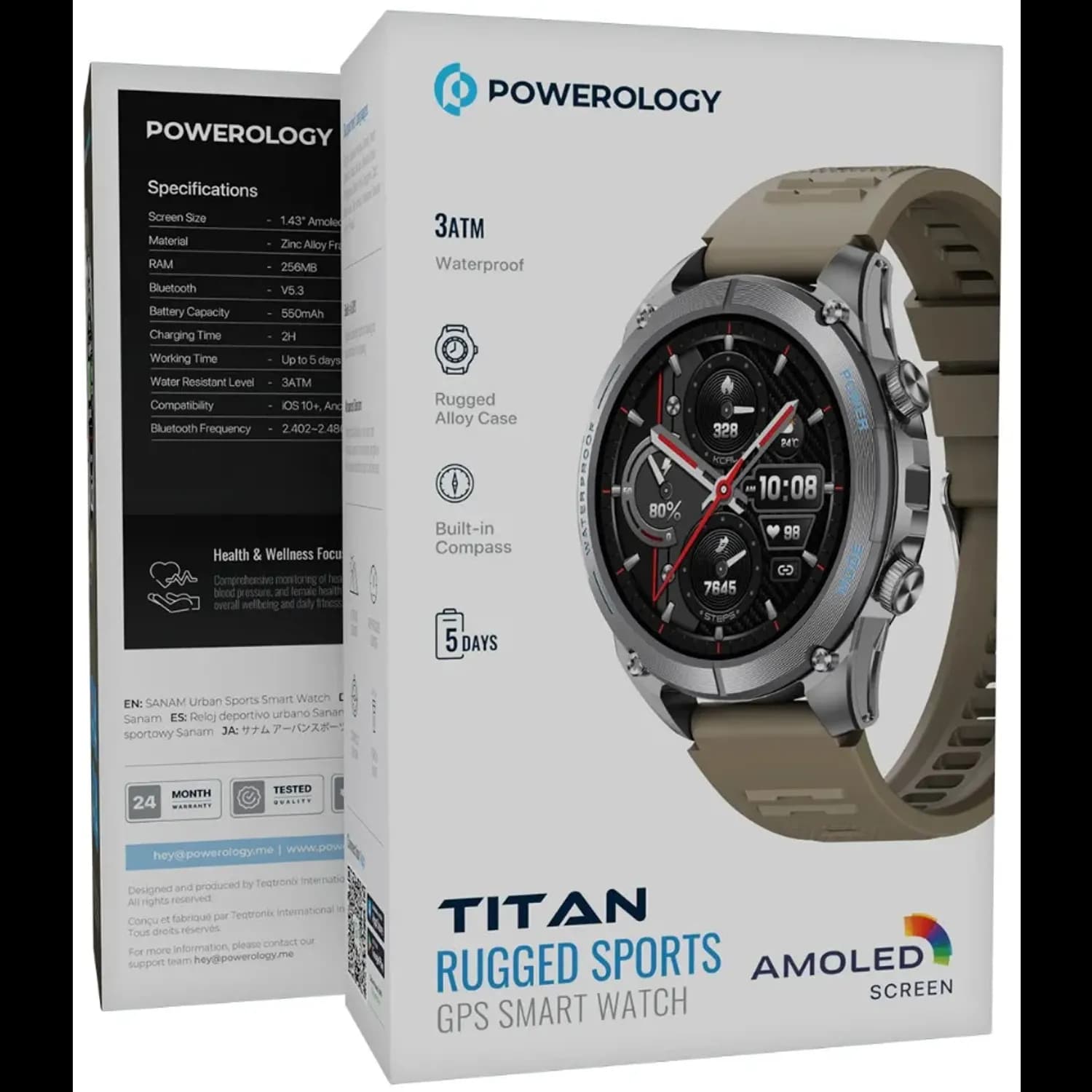 Powerology Smart Watch Titan - Rugged GPS, Khaki — Black 2